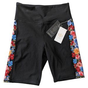 Johnny Was JW Active Black Rose Bee Active Bike Shorts Large Floral Pull On NEW